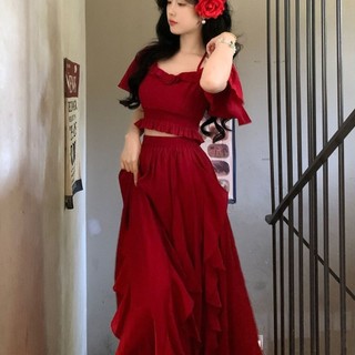 Say Wild Berry Đỏ Phù Hợp Với Đầm Nữ Tính Khí Top Không Đều Xù Siêu Cổ Tích Váy Hai Mảnh Phù Hợp Với 5.9