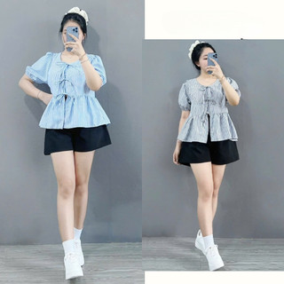 Áo Babydoll Bigsize Nữ Áo Kiểu Tay Ngắn Phồng Vạt Xòe Dễ Thương Họa Tiết Kẻ Sọc Cho Chubby A190