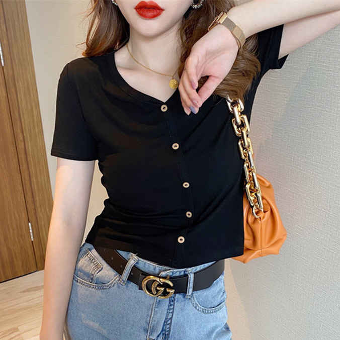 Áo thun ngắn tay nữ mùa hè mỏng cổ chữ V nhỏ Slim-fit thon gọn hơn trông màu đen Áo thun nữ phong cách ngắn