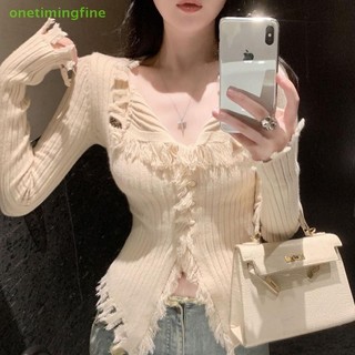 Onetimingfine Thu Đông Raw Edge Cổ Chữ V Tay Dài Không Đều Sang Trọng Mỏng Dệt Kim Cardigan Dành Cho Nữ VN
