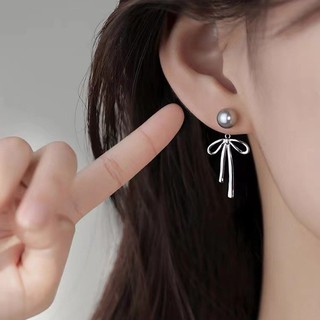 S925 Bạc Nơ Ngọc Trai Bông Tai Trang Sức Thời Trang Đơn Giản Quà Tặng Nữ