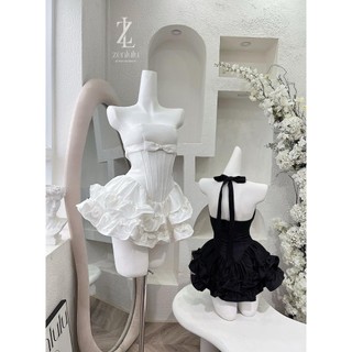 Đầm thiết kế IGU cúp ngực corset dáng ngắn bồng xòe bèo nhún chất liệu taffa , váy xòe cúp ngực đính nơ phù hợp dự tiệc.