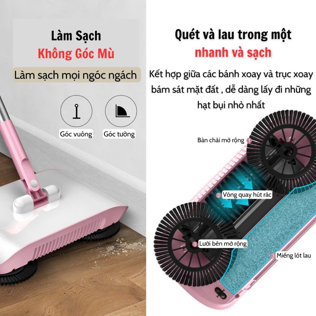 Chổi Lau Nhà Hút Bụi 3in1 – Quét, Hót, Lau Không Cần Điện, Xoay 360°, Dọn Dẹp Tiện Lợi
