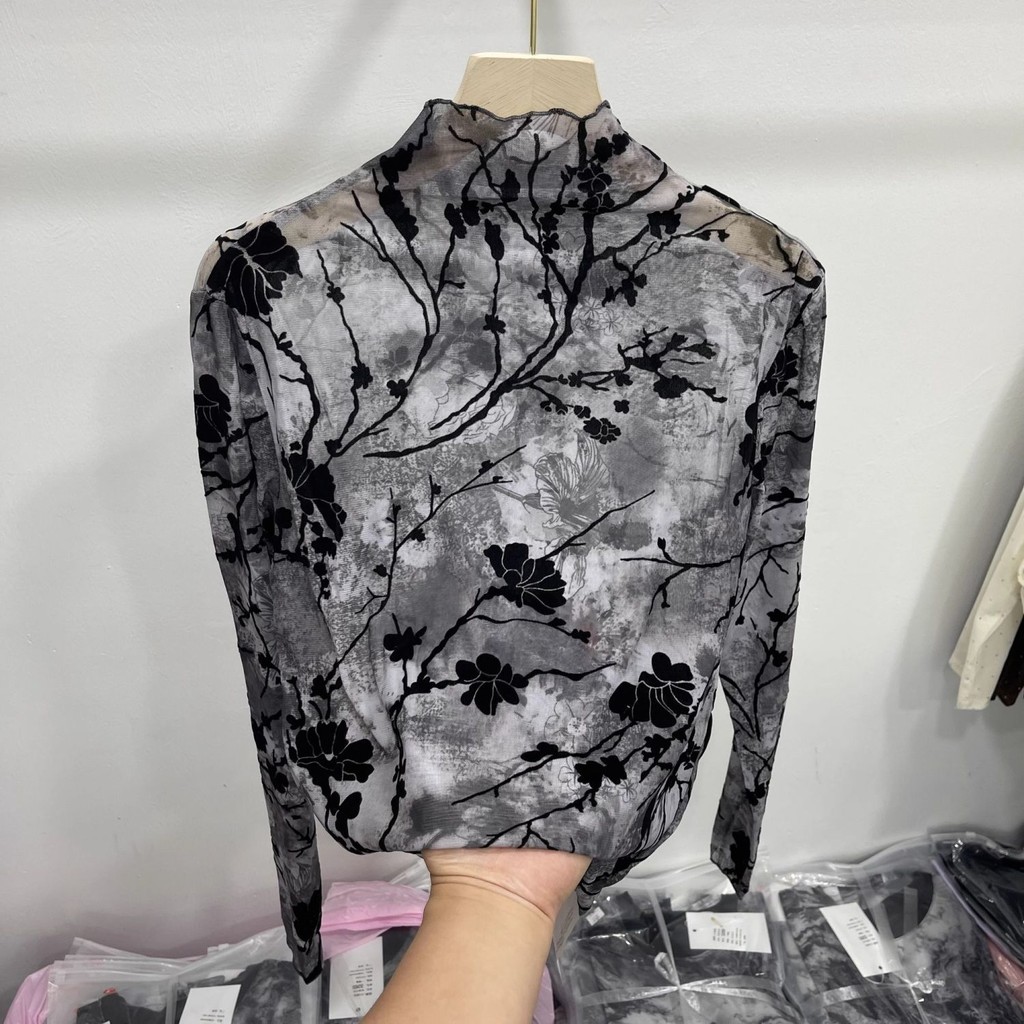 Milyfashion Nửa Cổ Rùa In Lưới Ren Dài Tay Áo Thun Đáy Top
