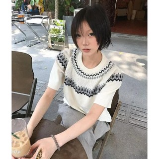 ESEA Áo thun mới tay ngắn thời trang và phổ biến thoáng khí kiểu Mỹ retro jacquard thiết kế phong cách trung tính