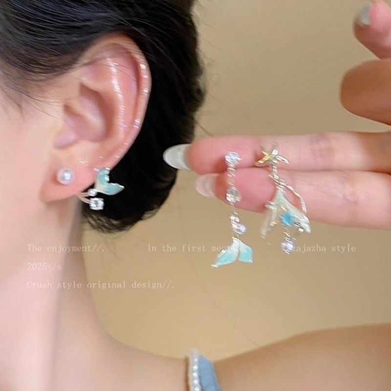 Bông tai ngọc trai giả vỏ xanh 2026 Bông tai đuôi cá mùa hè phong cách mới