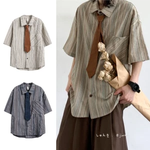 TIANLESIWEI Áo sơ mi ngắn tay dáng rộng cổ điển Nhật Bản dành cho nam và nữ mùa hè (không có cà vạt)