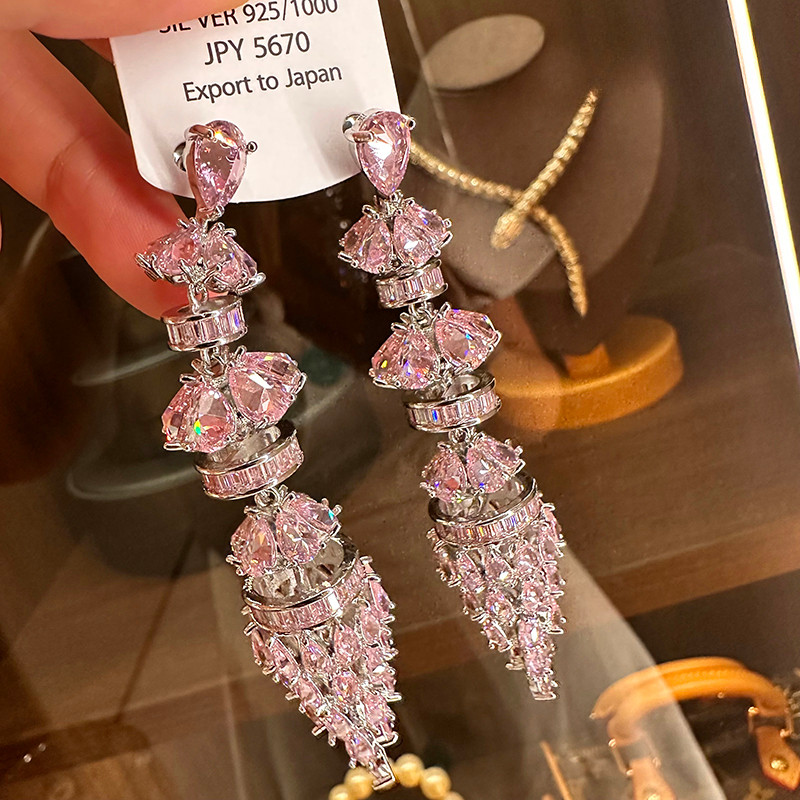 Bông tai dài Zircon màu hồng, phong cách Hàn Quốc sang trọng