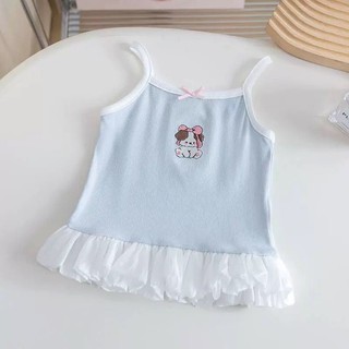 Áo thun camisole mùa hè ngọt ngào cho bé gái, áo vest ren không tay thêu hoạt hình cho trẻ em