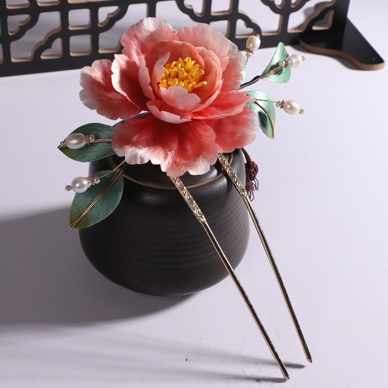 Mới Phong Cách Trung Quốc Không Duy Trì Lụa Nhung Hoa Kẹp Tóc Hoa Mẫu Đơn Hồng Hanfu Sườn Xám Mũ Đội Đầu Nữ Cổ Điển Phong Cách Cung Điện Trung Quốc Phụ Kiện Tóc Hoa Lớn Kẹp Tóc Làm Bằng Tay
