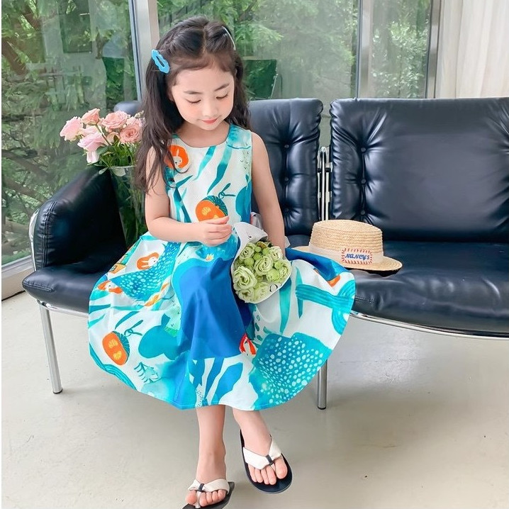 Đầm Bé Gái Mùa Hè Cotton Nguyên Chất Đầm Công Chúa Váy Dài Chữ A In Hình Phiên Bản Hàn Quốc 1J99