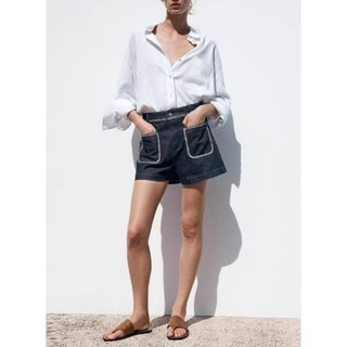 Quần short Zara made in Morocco jean sậm không mài viền chỉ trắng