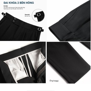 Quần âu nam cạp cao Sidetab 2 khuy baggy suông đen, quần âu nam hàn quốc lưng cao công sở 6504