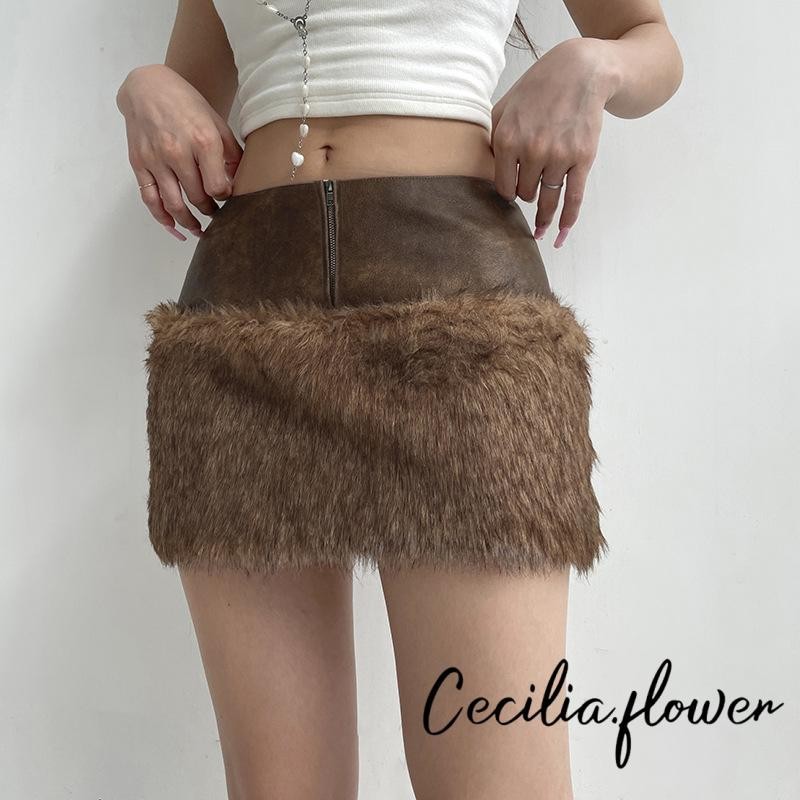 Váy chắp vá bằng da lông thú nữ eo thấp phía trước có dây kéo Bodycon Váy Mini cho bữa tiệc