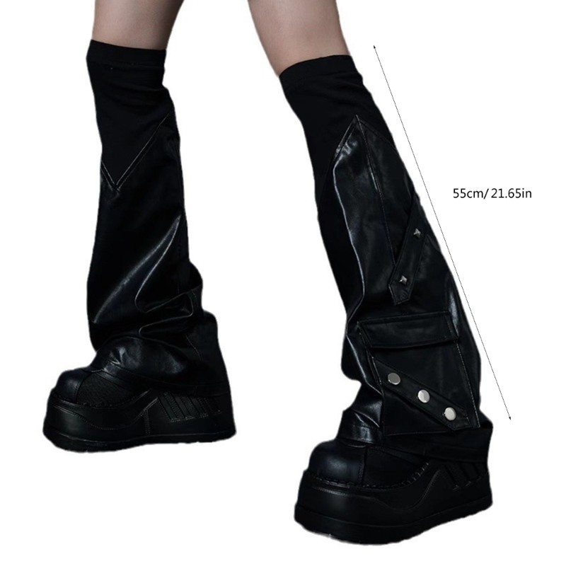 Vic Womens Punk Over Knee Ribbed Top Leather Leg Warmers with Rivet Studded Flared Bông Tai Kẹp Baggy Boot Cover Footless S