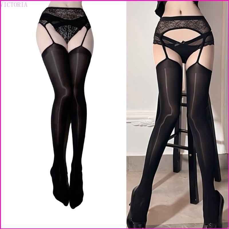 Vic Nữ Dầu Bóng Đùi Quần Tất Kèm Garter Thắt Lưng Ren Eo Mở Đáy Quần Lụa Quần Lót
