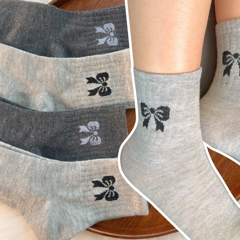 2 Đôi Tất Ống Giữa Nơ - Thoải Mái, Thoáng Khí, Mềm Mại, Phong Cách INS - Vớ Cotton Giữa Ống Chống Pilling - Tất Dày Mùa Thu Đông Ấm Áp