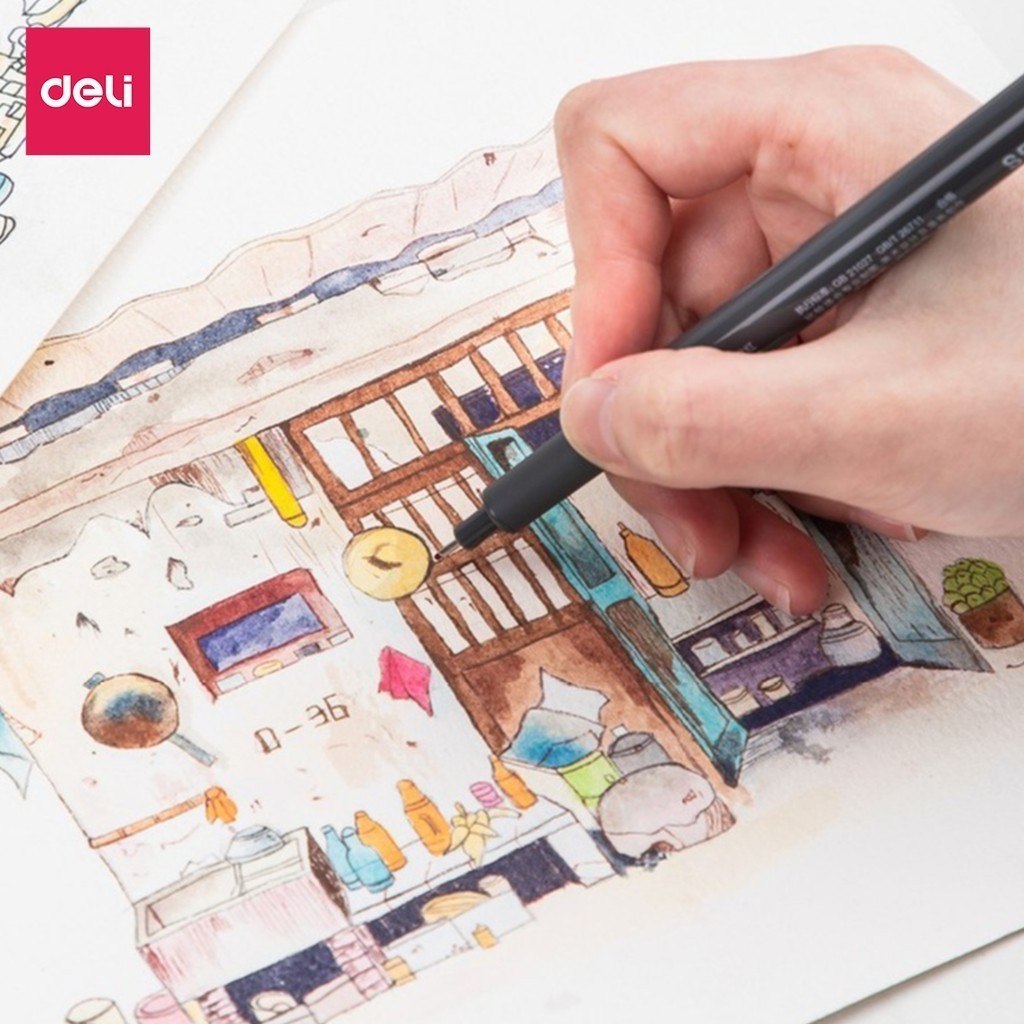 Bộ 9 bút line, lông kim đi nét nhiều màu Deli ngòi bọc kim loại 0.5mm viết caligraphy thư pháp trang trí sổ tay S572