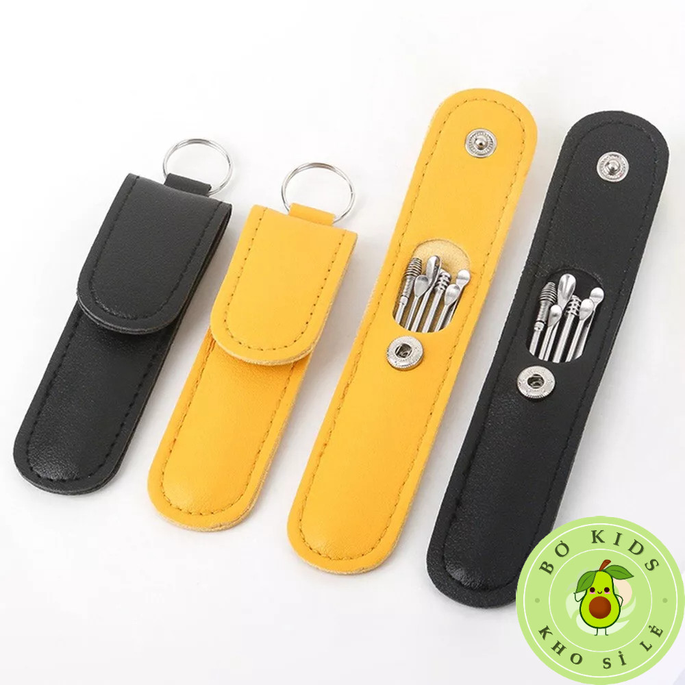 Bộ 6 Dụng Cụ Lấy Ráy Tai Cap Cấp Bọc Túi Da - Dụng Cụ Vệ Sinh Tai Bằng Thép Không Gỉ Tiện Dụng AMIZIN