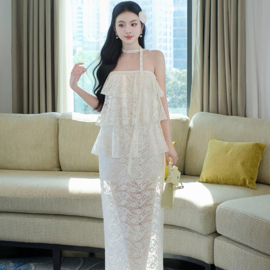 Đầm ren kem Khiết Fashion dáng quây suông nhúng bèo có kèm dây nơ rời nữ tính KD114