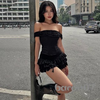 Bộ váy 2 mảnh dành cho nữ Váy ngắn tay lệch vai Bộ váy ren xếp tầng