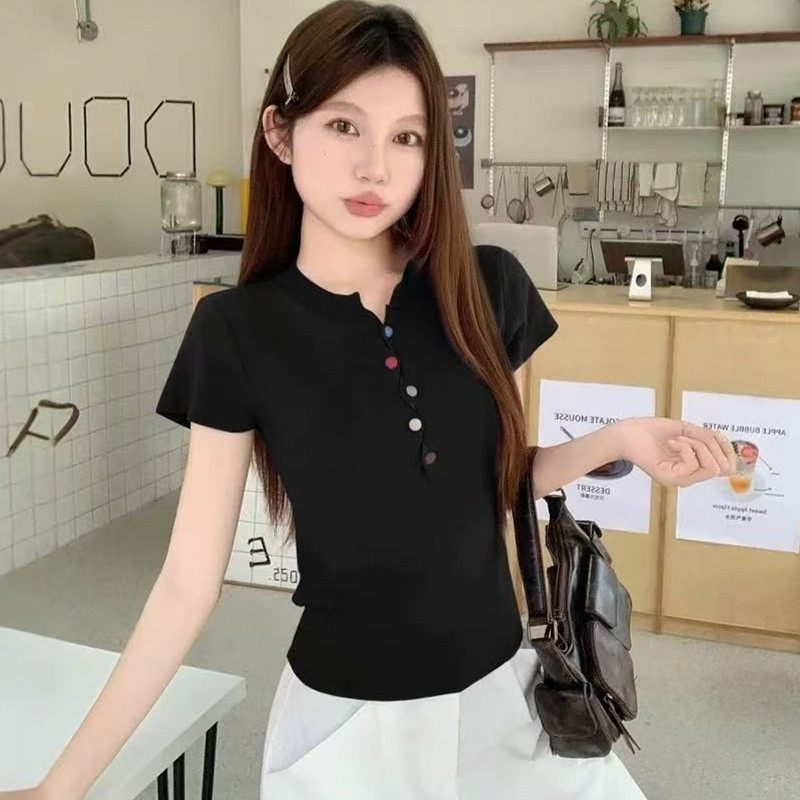 SUXI Áo thun ngắn cài nút đầy màu sắc mùa hè mới dành cho nữ 250514