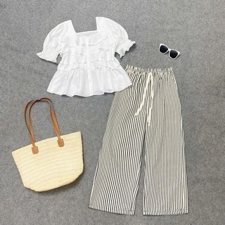 Set đồ bigsize áo kiểu ngắn tay bèo che khuyết điểm phối quần ống suông xinh xắn đi biển, đi chơi - SET( SM36 + Q534)