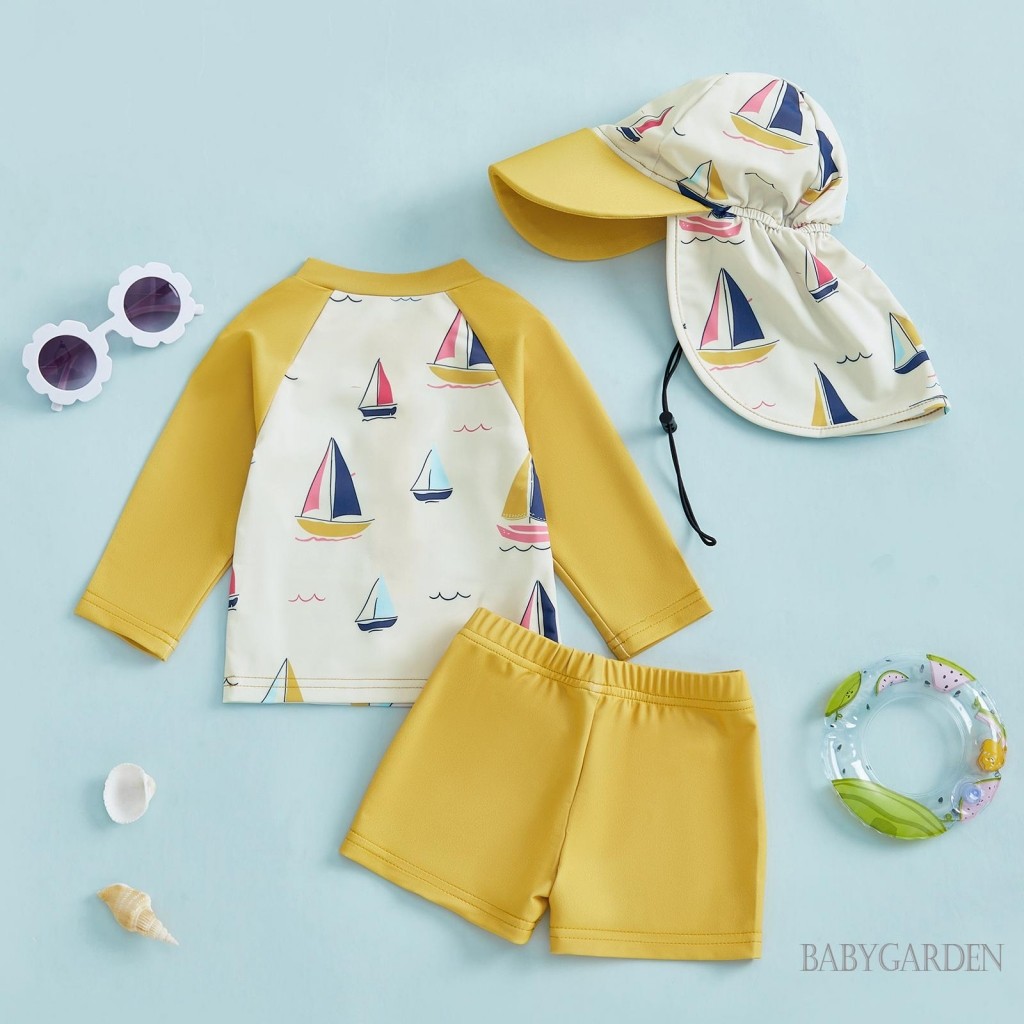 / / -0-6 tuổi Bộ đồ bơi bảo vệ phát ban cho bé trai Bộ áo dây kéo dài tay in thuyền buồm với quần short chắc chắn và mũ bơi 3 trang phục