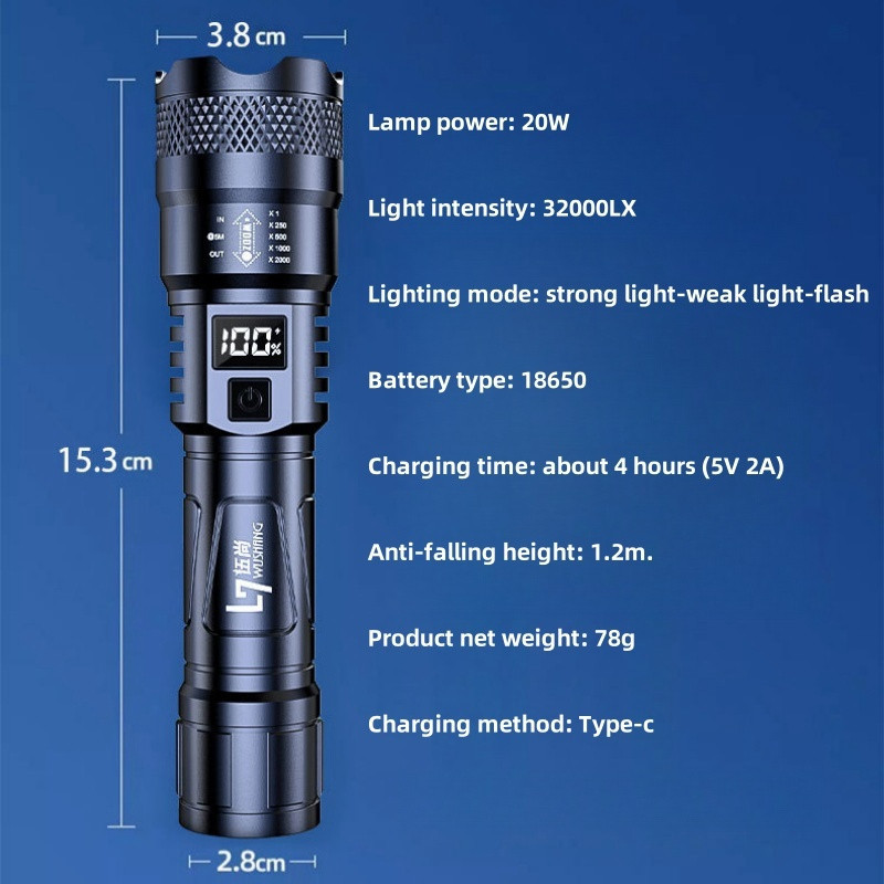 【3 chế độ đèn flash】Đèn pin cầm tay siêu sáng màn hình LCD hiển thị pin, Bấc đèn nhập khẩu
