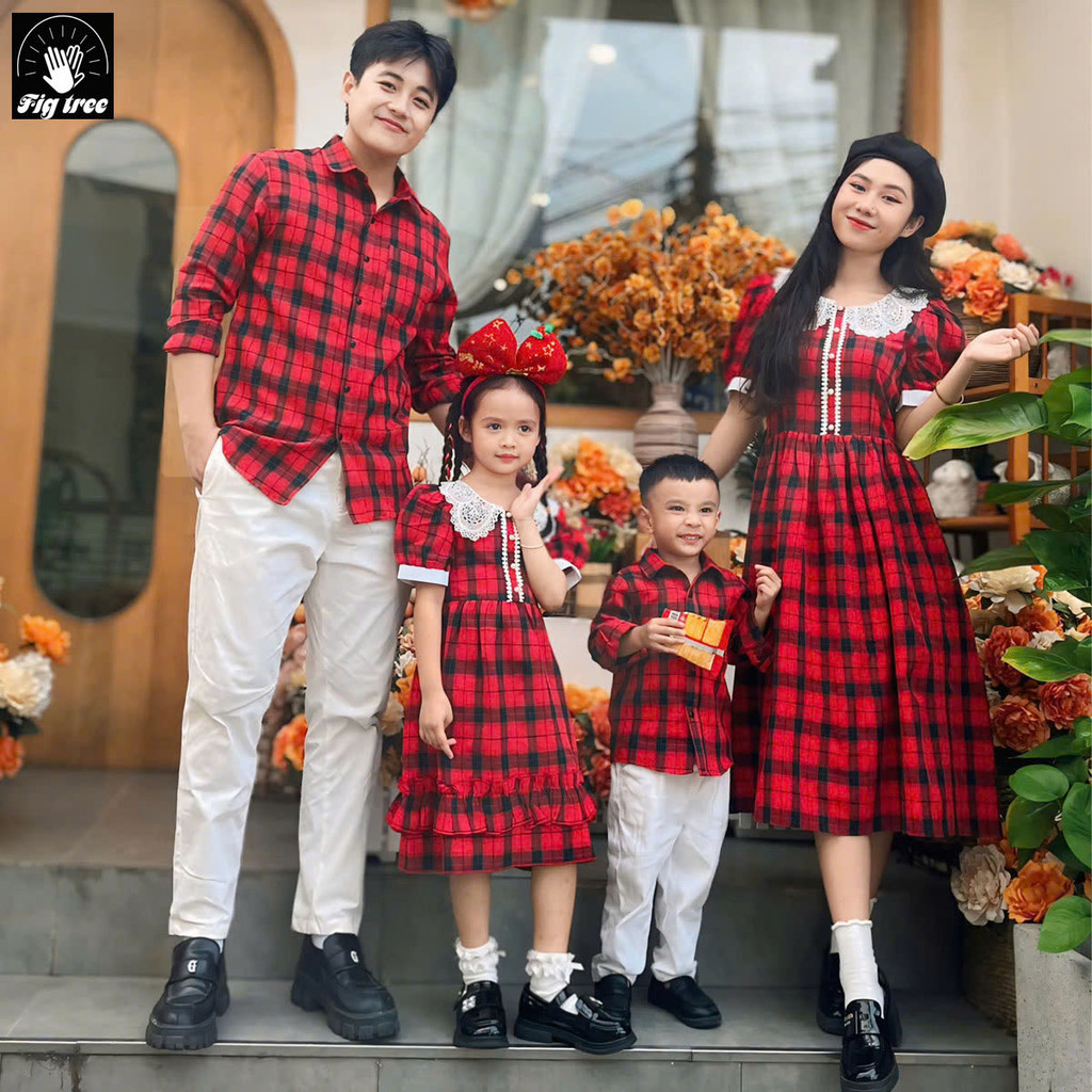 Set Áo Sơ Mi Váy Gia Đình Fig Tree Caro Đỏ New Đón Tết Siêu Sang ( MS 189)