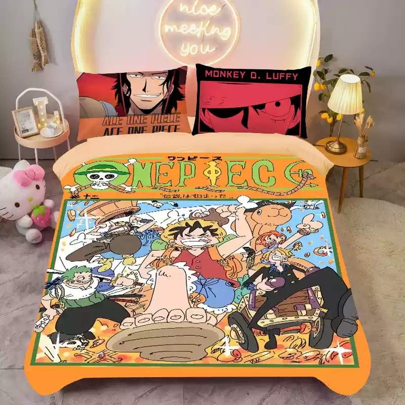 Ps1 ONE PIECE Luffy 3IN1 Ga trải giường Vỏ chăn gối Bộ chăn ga gối Phòng ngủ gia đình Bộ đồ Anime có thể giặt được SP1