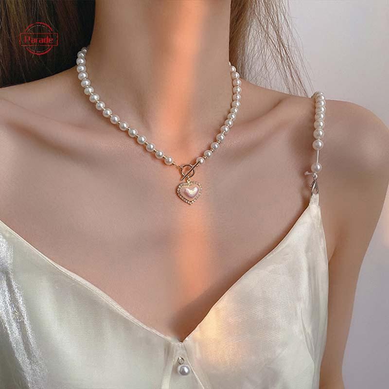 Parade Hàn Quốc Trang Sức Thanh Lịch Vòng Cổ Ngọc Trai Nữ Mặt Dây Chuyền Trái Tim Kim Cương Giả VN