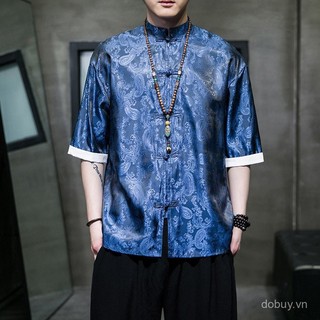 Tang phù hợp với nam mùa hè mỏng Trung Quốc phong cách nam năm Quý tay áo thường ngày lỏng cộng với kích thước phong cách cổ xưa Băng lụa ngắn tay áo thời trang