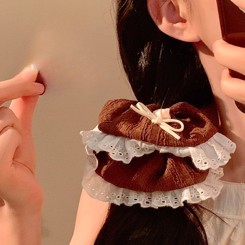 Dây Buộc Tóc Scrunchies Viền Ren Đính Nơ Hoa Hồng Style Retro Pháp Phụ Kiện Tóc Nữ Empoli