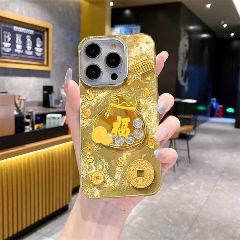 Tết Nguyên Đán Túi May Mắn Tiền 3D Dành Cho IPhone 11 12 13 14 15 16 Pro MAX Plus 8 7 6 6S Plus X XR XS MAX Vỏ Lông Vũ Laser Rượu Vang Đỏ Vàng Silicon Mềm Chống Rơi