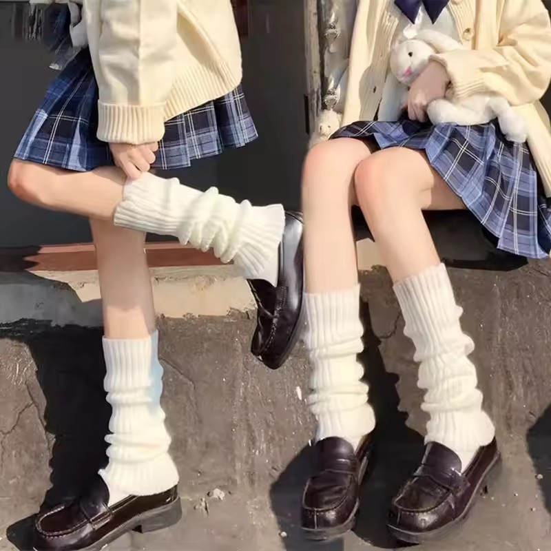 40-70cm JK Girl Thu Đông Chân Cover - Tất len xếp chồng lên nhau phong cách Lolita Harajuku - Tất dài bảo vệ chân ấm dệt kim Y2K - Chống lạnh, Vớ trắng dễ thương ngọt ngào thời trang