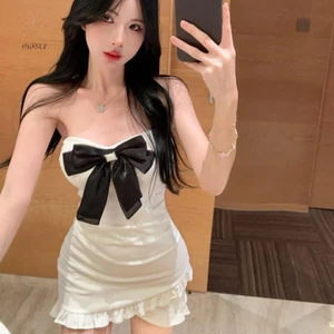HNKMP Nữ Gợi Cảm Nơ Ruffle Không Đều Thiết Kế Nơ Tiệc Ngắn Câu Lạc Bộ Váy Bustier.