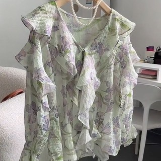 Voan Size Lớn Ba Chiều Xù Rời Phong Cách Hàng Ngày Pháp Cao Cấp In Hình Cổ Chữ V Áo Sơ Mi Top Hợp Thời Trang Phù Hợp Với