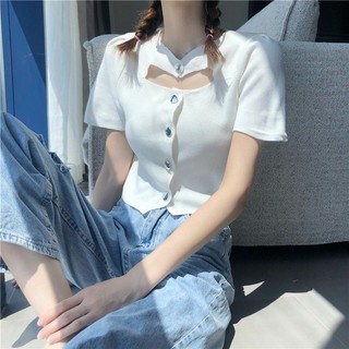 Áo dệt kim tôn dáng hở rốn mẫu ngắn rỗng Áo Thun Nữ