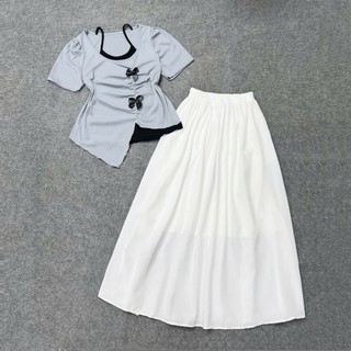 Set bigsize 2 món áo thun lớp trong đính nơ phối chân váy xòe dáng dài cho nàng cgupy xinh xắn SET(A278+CV15)