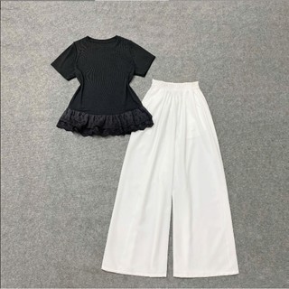 Set Bộ Bigsize Nữ Áo Kiểu Tay Ngắn Vạt Ren  Kèm Quần Ống Rộng Lụa Nữ Tính SET(A281+Q530)