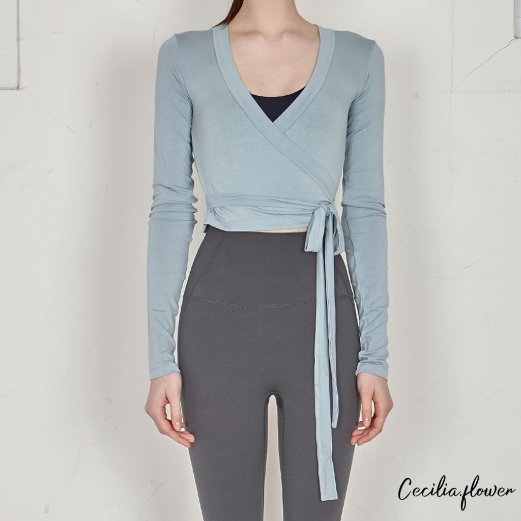 Áo khiêu vũ màu trơn dành cho nữ Slim Fit Quấn cổ chữ V Dây buộc dài tay Crop Ballet Cardigan