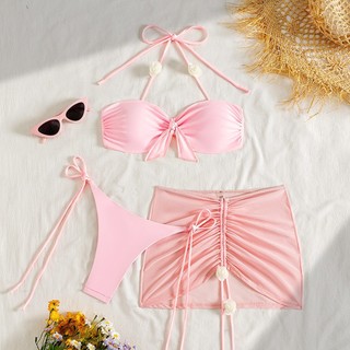 Đồ Bơi Nữ Màu Hồng Sọc Mỏng Bandeau Hoa Bao Đầm Ba Mảnh Bikini Đồ Bơi