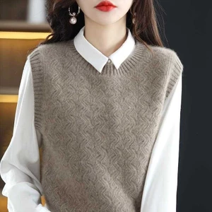 Mùa Thu Đông Phong Cách Mới Màu Trơn Cổ Tròn Áo Len Không Tay Áo Vest