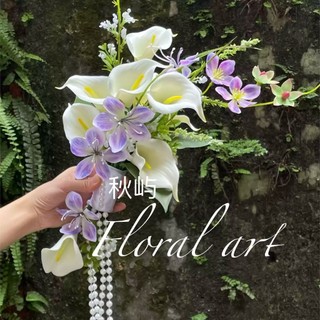 Bó hoa cưới cầm tay cô dâu từ hoa rum cao su non và hoa lụa màu trắng tím phong cách hàn quốc C003