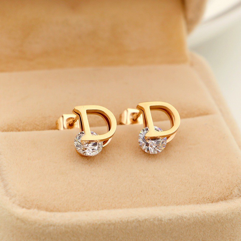 Thời Trang D Chữ Zircon Bông Tai 18K Mạ Vàng Không Phai Màu Nữ Sáng Tạo Bông Tai Chữ