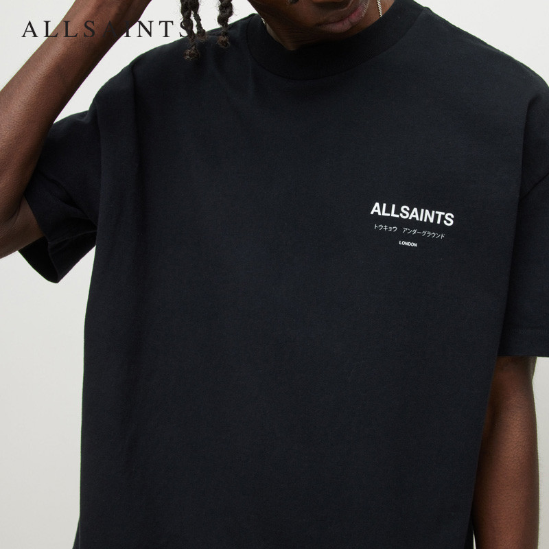 ALLSAINTS Áo thun nam ngắn tay họa tiết màu đen dáng rộng hàng đầu mùa hè cổ điển M071PB