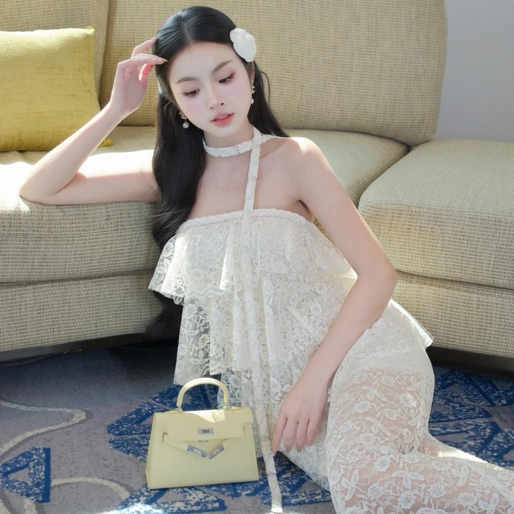 Đầm ren kem Khiết Fashion dáng quây suông nhúng bèo có kèm dây nơ rời nữ tính KD114