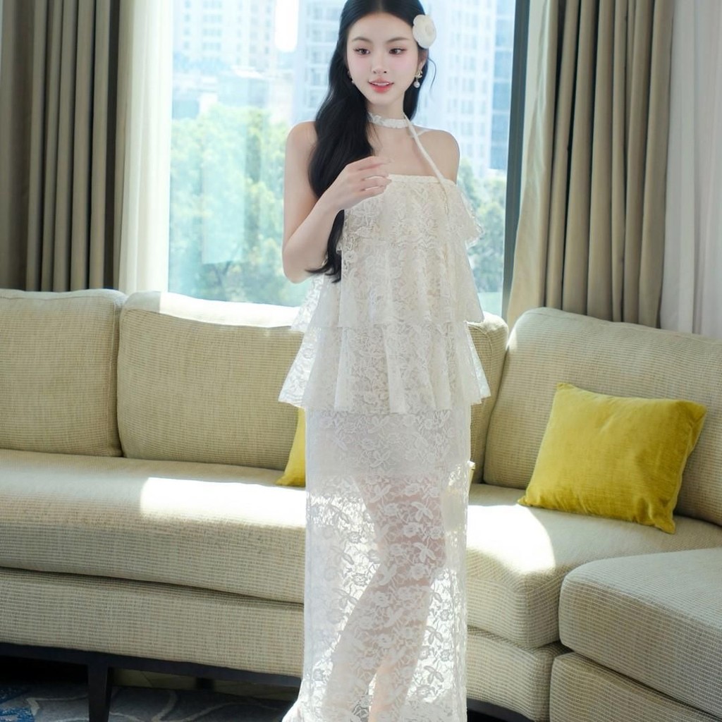 Đầm ren kem Khiết Fashion dáng quây suông nhúng bèo có kèm dây nơ rời nữ tính KD114