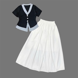 Set đồ bigsize 2 món xẻ tà  đính nơ phối chân váy xòe lưng chun tôn dáng và che khuyết diểm SET A271+CV15